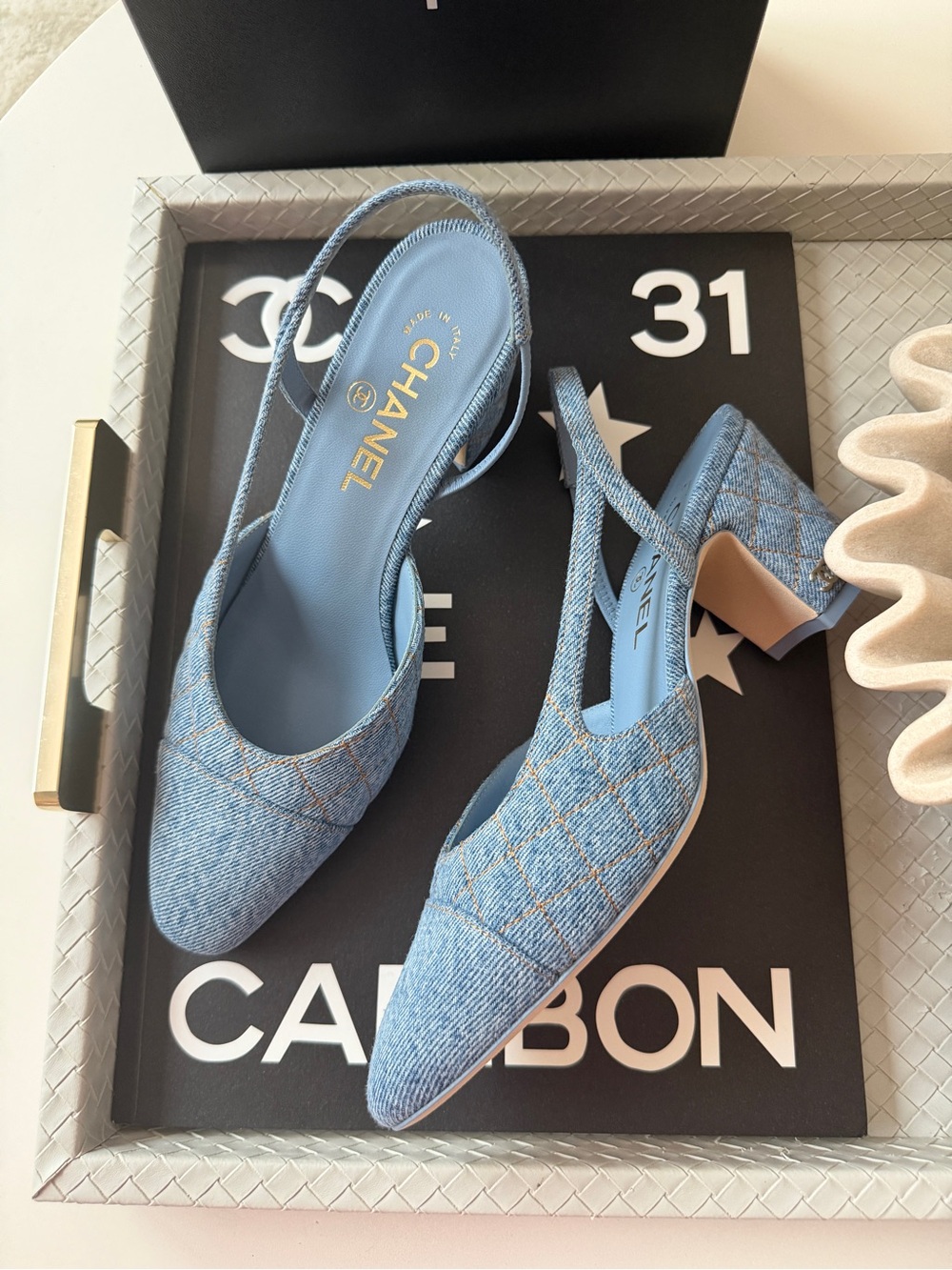 Chanel 26B CC Logo Light Blue Quilted Denim Jean Slingback Pumps Chunky Heel 38 - Picture 5 of 16